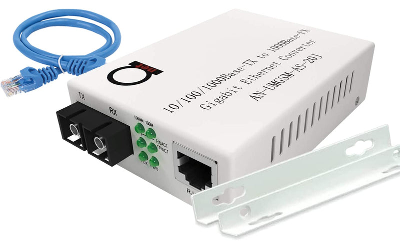 Single Mode SC Gigabit Fiber Media Converter to Ethernet RJ45, 20km/12.43mi | 1310nm dual-fiber, built-in SC module - duplex SC cord over OS2 9/125 - copper Cat5e or Cat6, auto-sensing 10/100/1000, LLF