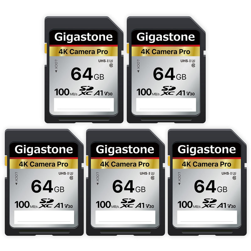 Gigastone 64GB 5-Pack SD Card V30 SDXC Memory Card High Speed 4K Ultra HD UHD Video Compatible with Canon Nikon Sony Pentax Kodak Olympus Panasonic Digital Camera, with 5 Mini Cases