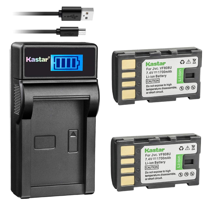 Kastar Battery (X2) & SLIM LCD Charger for JVC BN-VF808, BN-VF808U, BNVF808 and JVC Everio GZ-MG130 148 150 155 175 255 275 575 GZ-HD7 GR-D745 746 750 760 770 771 775 790 796 JVC MiniDV + More