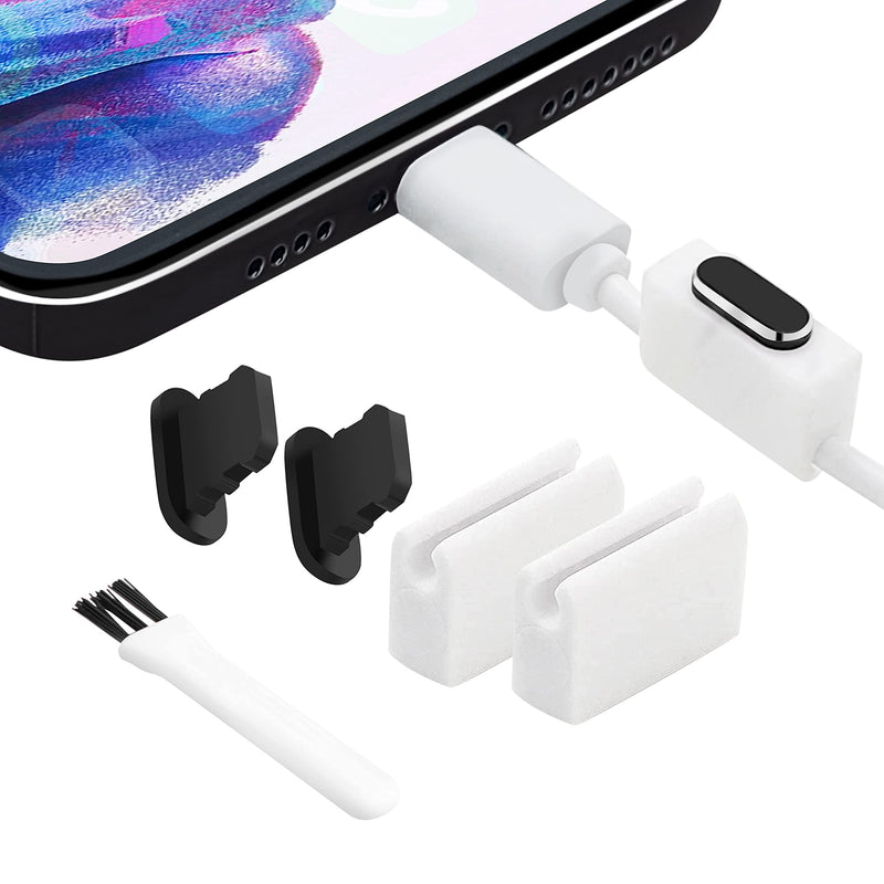 Aluminum Dust Plugs (2-Pack) - Compatible with iPhone 14-7, Plus, Max, Pro, iPad, Lightning Port - Incl. Holders & Brush Black