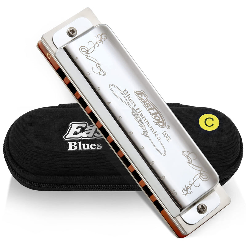 East top Harmonica Key of C 10 Holes 20 Tones 008K Blues Diatonic Mouth Organ with Silver Cover, Deluxe Harmonica C For Adults, Professionals and Students as gift silver-C