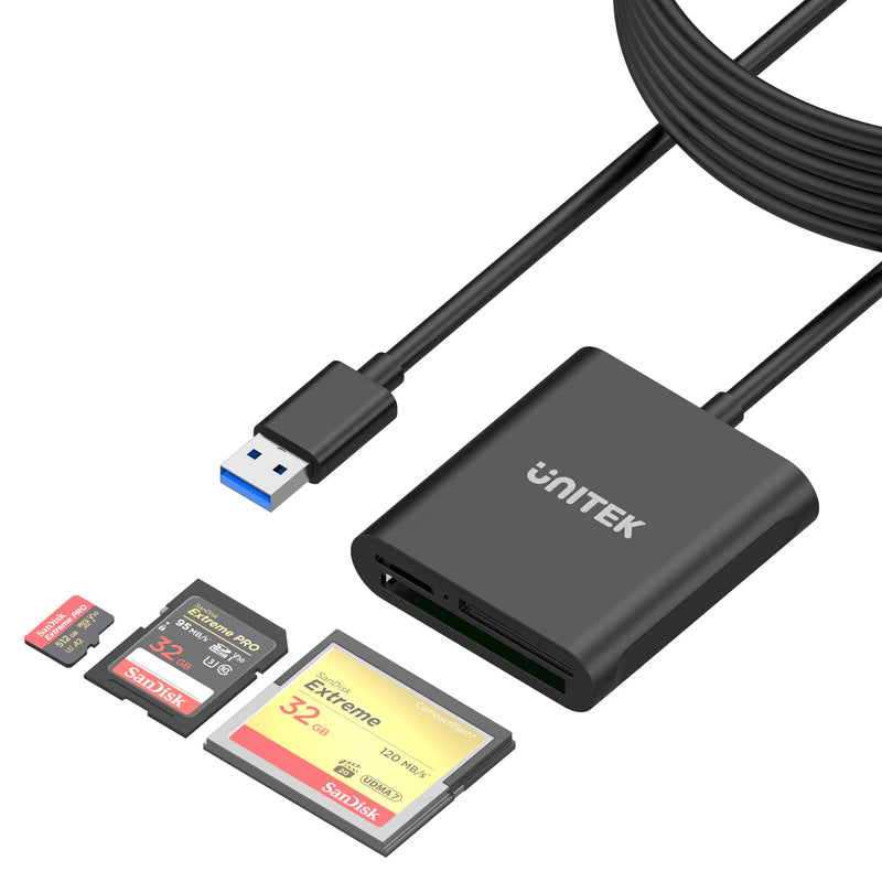 Unitek USB Card Reader 3-Slot USB 3.0 Compact Flash Card Reader, Read 3 Cards Simultaneously, Aluminum Memory Card Adapter CF, TF, SDXC, SDHC, SD, Micro SDXC, Micro SD, Micro SDHC- 4FT (Black) 4ft / Black / USB-A