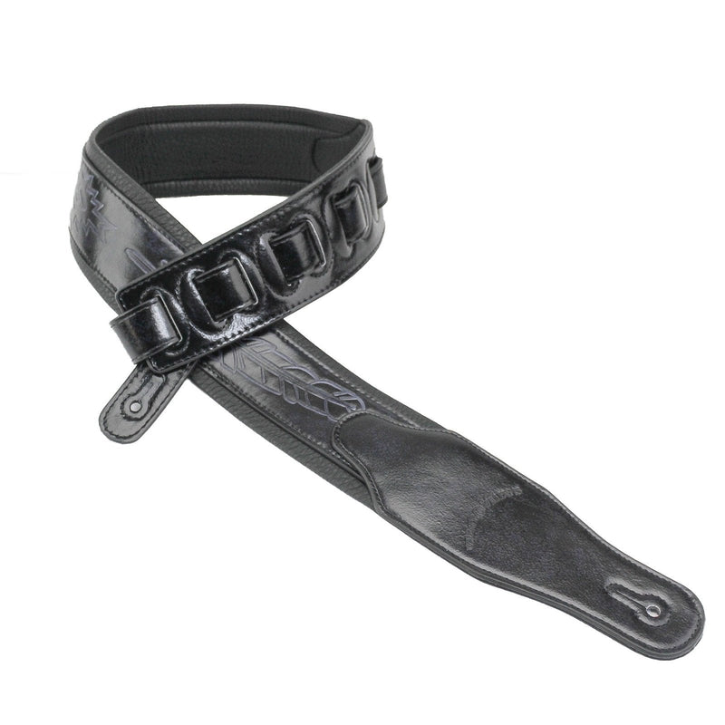 Walker & Williams GB-136 Handmade Brushed Black Padded Guitar Strap With Native American Feather Design For Acoustic, Electric, And Bass Guitars