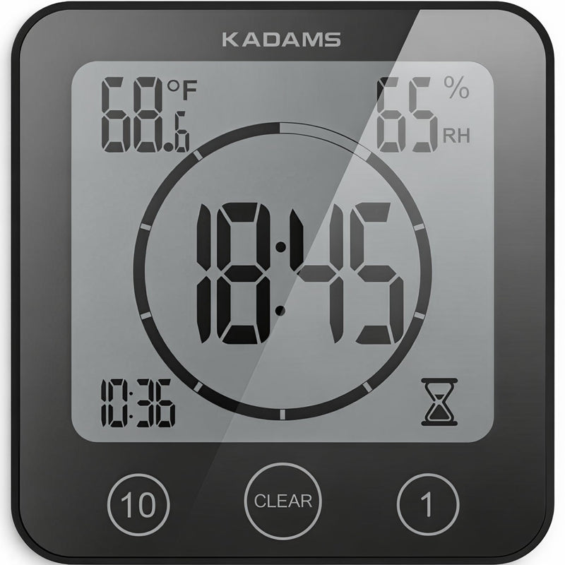 [AUSTRALIA] - KADAMS Shower Clock Waterproof Bathroom Timer – Digital Wall Clock with Countdown, Magnetic Kitchen Clock with Temperature & Humidity, Suction Cup for Kids Shower Spa Cook Bath (Black) Black 
