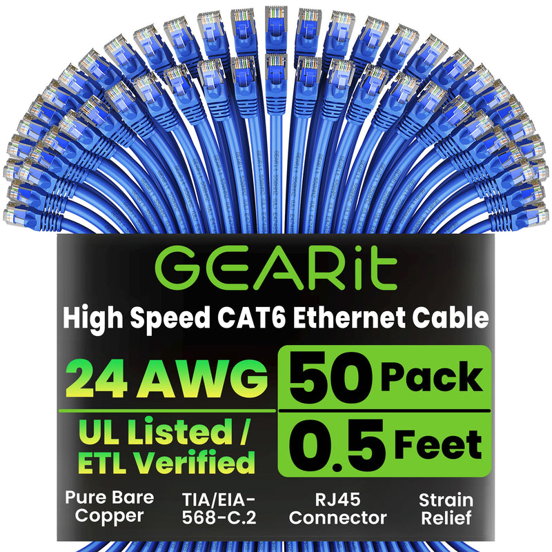 GEARit Cat6 Patch Cables Cat 6 Ethernet Cable 0.5 ft 50-Pack Blue | Ethernet Patch Cable, 10Gbps 550MHz 24AWG Pure Copper, Snagless, Gold Plated RJ45 for Router, Server, Router, PC 0.5 Feet