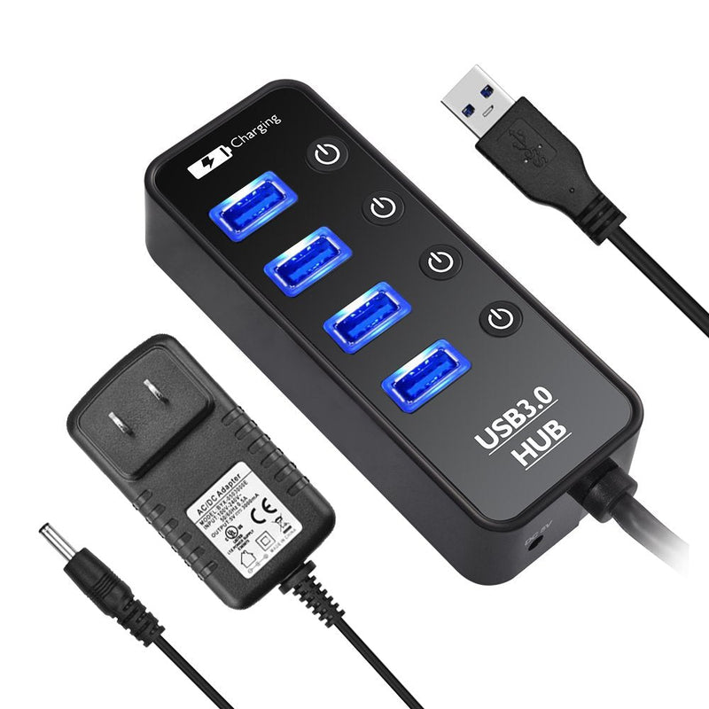 USB Hub 3.0 Powered, LYFNLOVE USB Extender 4-Port Data USB Hub with Power Adapter and 1 Smart Charging Port, USB Splitter with On/Off Switches for MacBook, Mac Pro/Mini, iMac, Surface Pro Laptop/PC