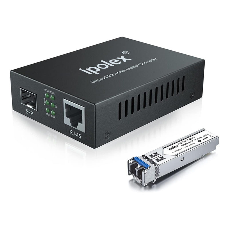ipolex Gigabit Single-Mode LC Fiber to Ethernet Media Converter with SFP LX Module, 1.25G SFP Fiber to Copper RJ45, 1000Base-LX to 10/100/1000Base-TX, 1310nm, SMF, Transmission up to 20-KM Standard Kit #2: SFP 20km x1