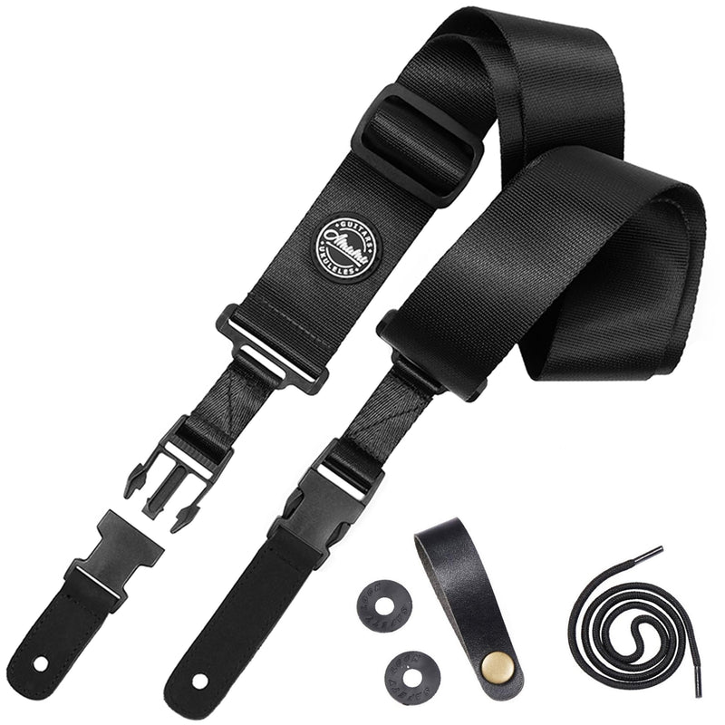 Amumu Nylon Snapclock Guitar Strap with Clip Buckle for Acoustic, Electric, Bass Guitar with Strap Blocks & Headstock Tie Black