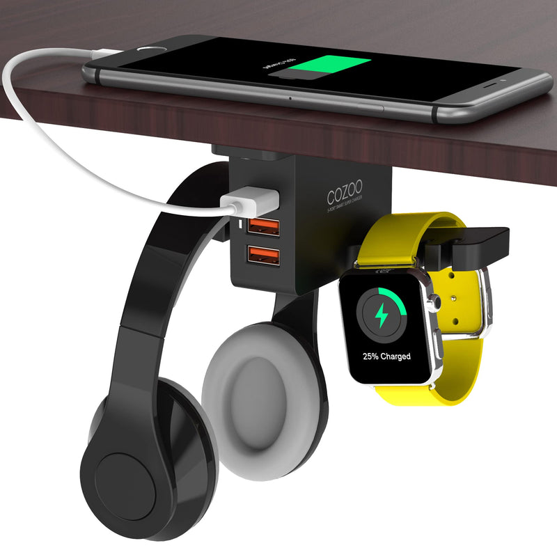 Headphone Stand with USB Charger COZOO Under Desk Headset Holder Mount with 3 Port USB Charging Station and iWatch Stand Smart Watch Charging Dock Dual Earphone Hanger Hook,UL Tested Black