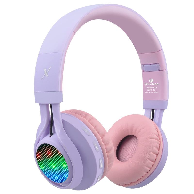 [AUSTRALIA] - Riwbox WT-7S Kids Bluetooth Headphones Light Up, Foldable Stero Wireless Headset,with Microphone and Volume Control,Comfortable and Durable,for PC/Tablet/TV/Travel(Purple) Purple Adjustable to fit the head shape Minimalist 