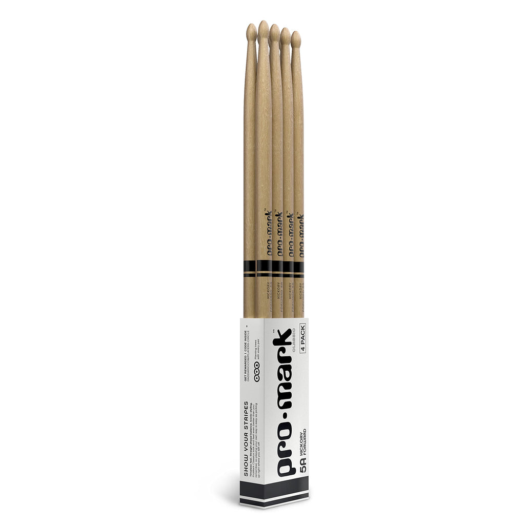 ProMark Drum Sticks - Classic Forward Hickory 5A Drumsticks - Drum Sticks Set - Drum Accessories - Wood Drumsticks for Adults & Youth - Oval Wood Tip - Buy 3 Pairs Get 1 Free Lacquer, Wood Tip Four Pairs Classic, Forward 5A