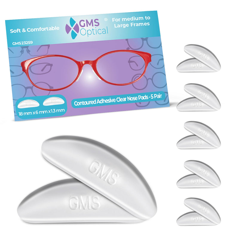 GMS Optical® 1.3mm Ultra-Thin / 18mm Long Length - Anti-Slip Adhesive Contoured Silicone Eyeglass Nose Pads with Super Sticky Backing for Glasses, Sunglasses, and Eye Wear - 5 Pair (Clear) Clear