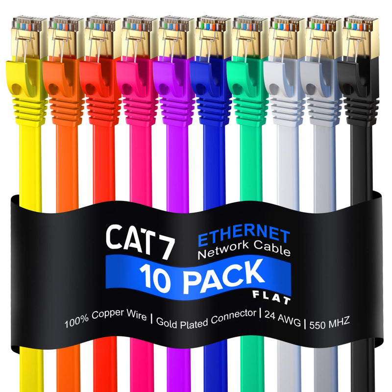 Maximm Cat7 Flat Ethernet Cable 15 ft Pink, 5-Pack Shielded 10Gbps RJ45 15 Feet Multicolor