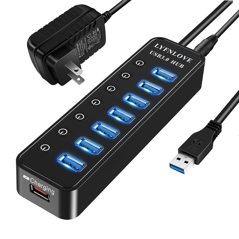 USB Hub 3.0 Powered, LYFNLOVE USB Extender 7-Port Data USB Hub with Power Adapter and 1 Smart Charging Port, USB Splitter with On/Off Switches for MacBook, Mac Pro/Mini, iMac, Surface Pro Laptop/PC
