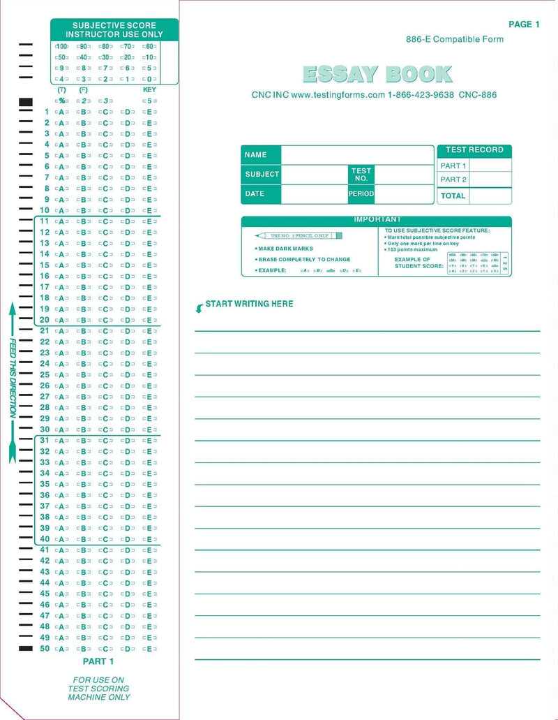 TEST-886E 886-E 100 Question Compatible Testing Forms (50 Sheet Pack)