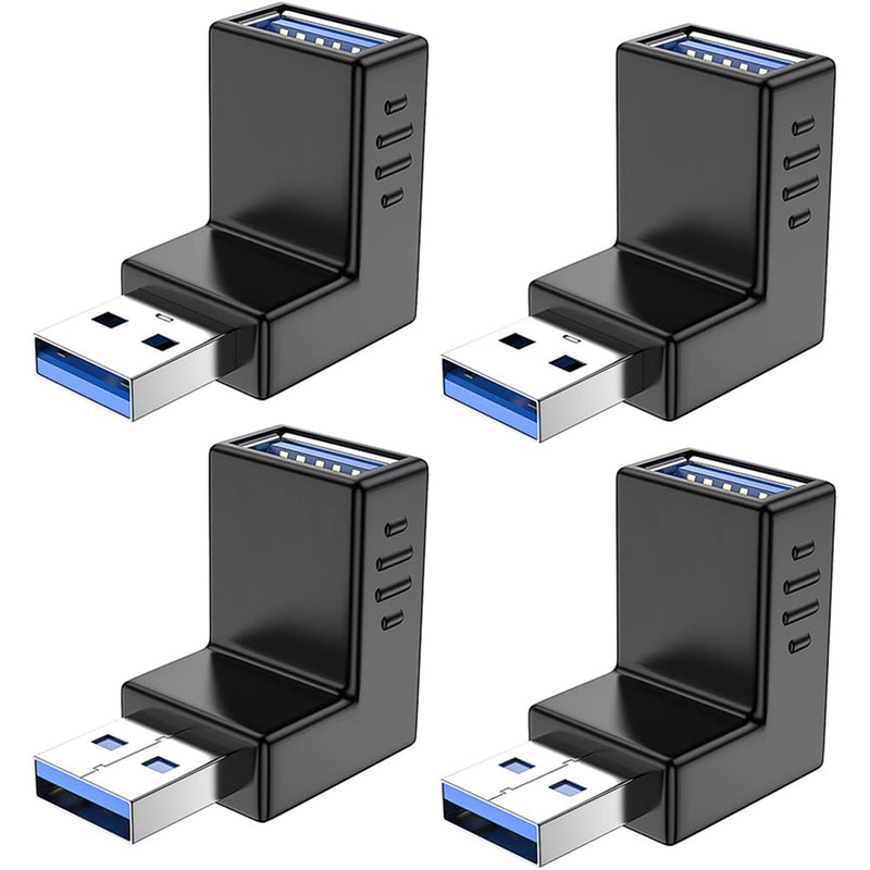 Warmstor 4-Pack USB 3.0 Male to Female Adapter 90 Degree Up Angle and Down Angle USB Cable Extender Connector - Upgraded Version Max 2A Charging Speed