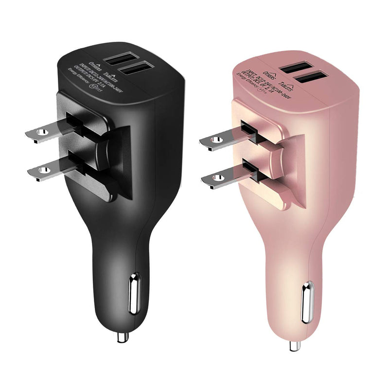 USB Car Charger,NDLBS 2-in-1 Portable Dual USB Car and wall Charger with Foldable Plug Home for iPhone X XR XS MAX 7 8 Plus,iPad Pro Air Mini,Galaxy Note9 S9 S8 Plus,LG Google black gold