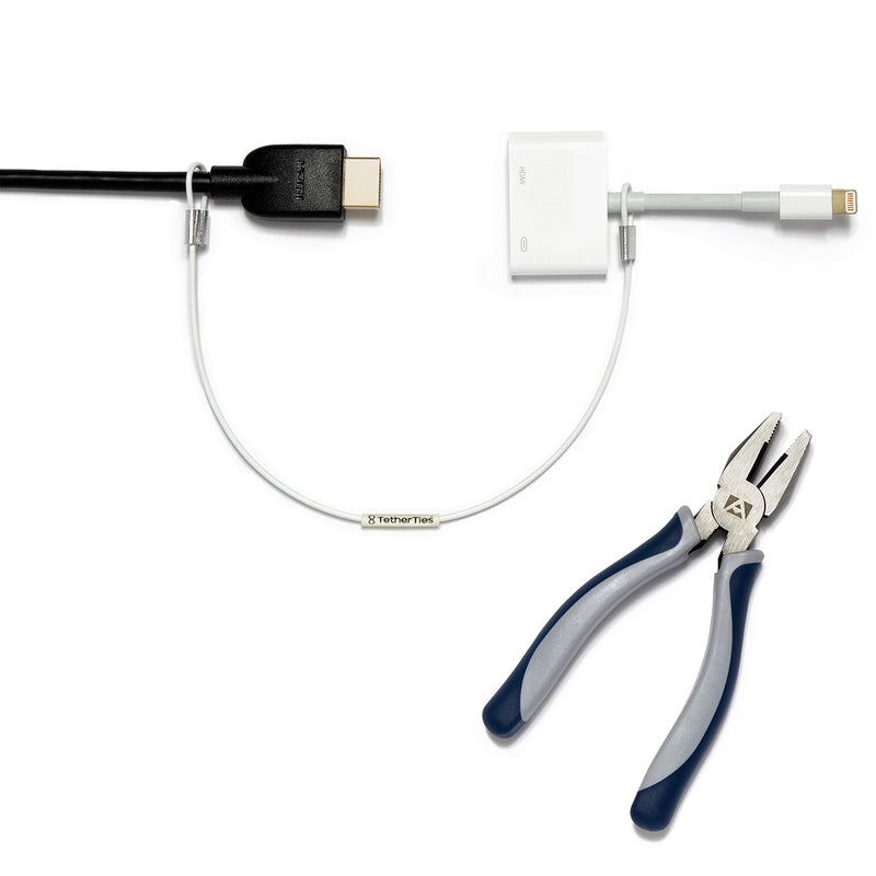 Patented Pre-Assembled Adapter Ties - Anti-Theft Cable Locks for Tools, Dongles, Tethers, Computer adapters. Steel Cable, Security Lock, Easy Installation with Free Crimping Tool White 10 Pack TetherTies Cable Tethers