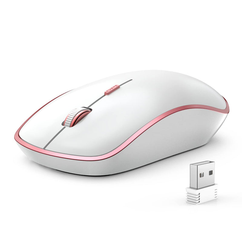 Wireless Mouse for Laptop, J JOYACCESS 2.4G Ultra Thin Silent Mouse with USB Receiver, 2400 DPI Portable Mobile Optical Cordless Mouse for Laptop,Computer,MacBook,Windows, Chromebook, PC(White + Pink) White + Pink