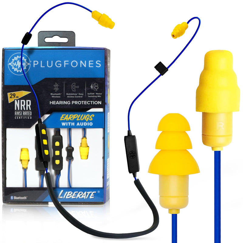 Plugfones Liberate 2.0 Bluetooth Earplug Headphones for Work, OSHA Earbuds | 29dB NRR Hearing Protection Earbuds, Work Headphones, Wireless Safety Ear Plugs, Mic, Construction, Warehouse, Blue & Yellow Blue/Yellow