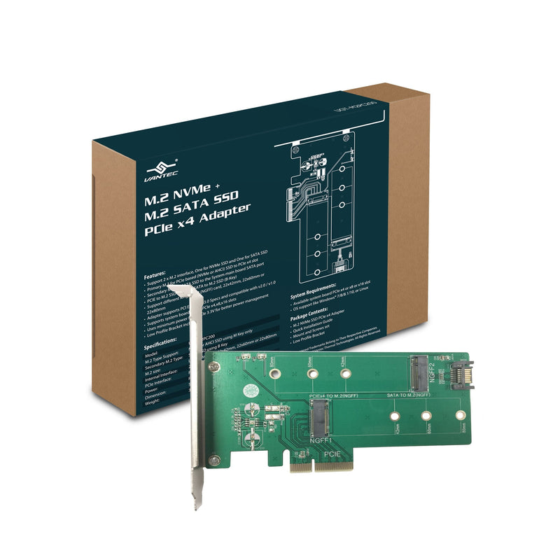 Vantec M.2 NVMe + M.2 SATA SSD PCIe x4 Adapter (UGT-M2PC200), Green 1x M.2 NvMe, 1x M.2 SSD