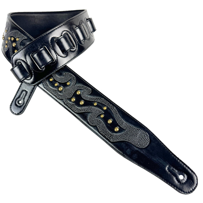Walker & Williams GE-217 Midnight Blue Handmade Padded Leather Guitar Strap with Celtic Tooling and Brass Studs For Electric, Acoustic, And Bass Guitars