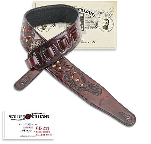 Walker & Williams GE-211 Antique Mahogany Brown Strap with Viking Tooling & Nailhead Studs