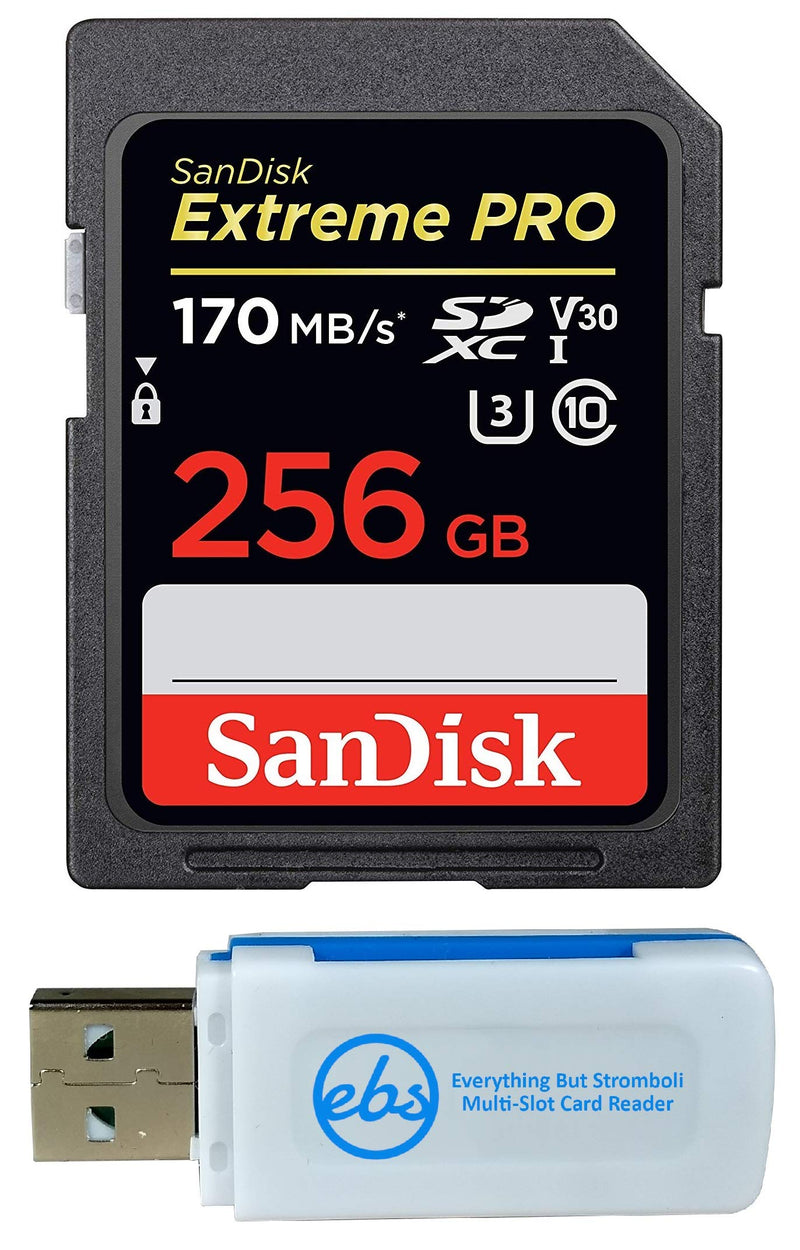 SanDisk 256GB Extreme Pro Memory Card works with Sony FDRAX53/B 4K, FDR-AX100/B Video Recording Camcorder, FDRAX33 Handycam, a7R II Camera SDXC 4K V30 UHS-I with Everything But Stromboli Combo Reader
