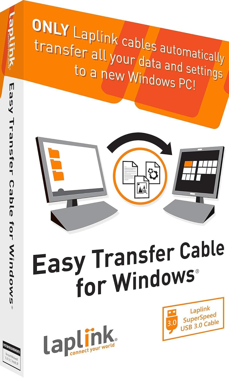 LAPLINK Easy Transfer Cable for Windows, Includes PCmover Express Software and USB 3.0 PC to PC Cable, Single Use License, Transfers Files, Settings, and User Profiles. Compatible with Windows 11 USB 3.0 Cable + Software