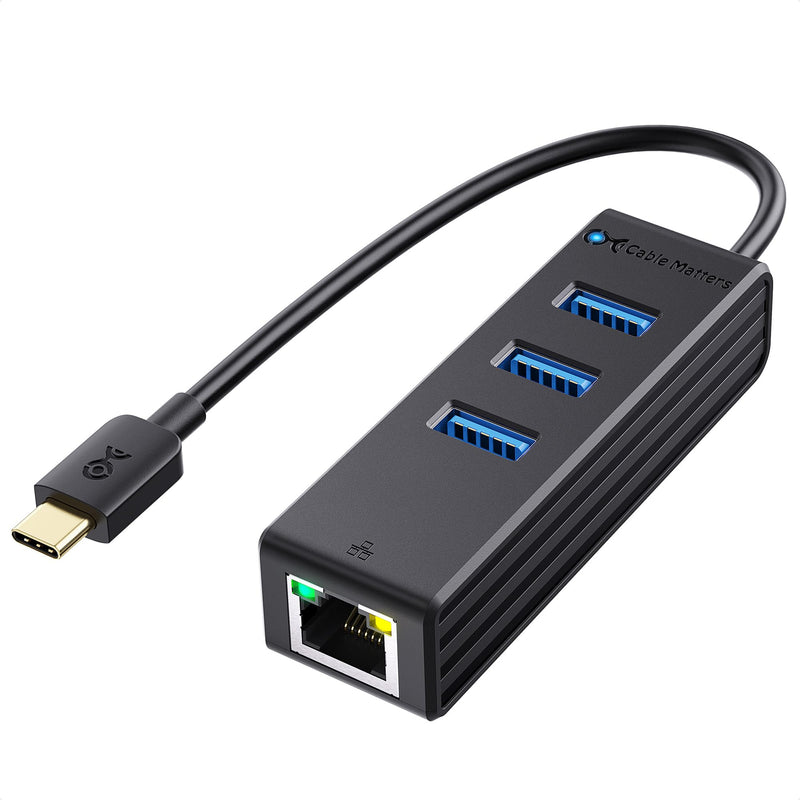 Cable Matters 4-in-1 USB C Hub with Gigabit Ethernet, Black | 10/100/1000Mbps Network, USB C Ethernet Hub, Thunderbolt LAN Adapter