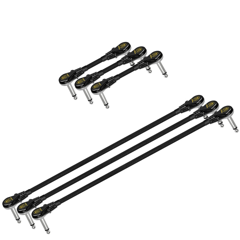 [AUSTRALIA] - 4 Inch x3 + 12 Inch x3 -Audioblast HQ-1 Braid (Black) - Flexible - Dual Shielded (100%) - Instrument Effects Pedal Patch Cable w/Low-Profile, R/A Pancake TS (6.35mm) Plugs & Dual Staggered Boots 
