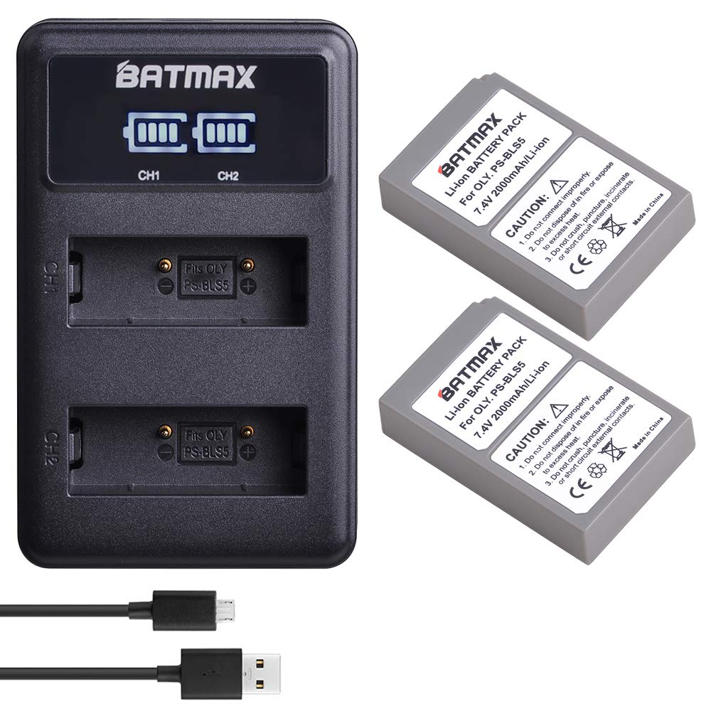 Batmax 2000mAh 2Pcs BLS-5 BLS-50 PS-BLS5 Battery + LED Dual USB Charger for Olympus BLS-5 E-PL2,E-PL5,E-PL6,E-PL7,E-PL8, E-PL9, E-PL10,E-PM2,OM-D E-M10,E-M10 Mark II,III,E-M10 IV,Stylus1 Cameras