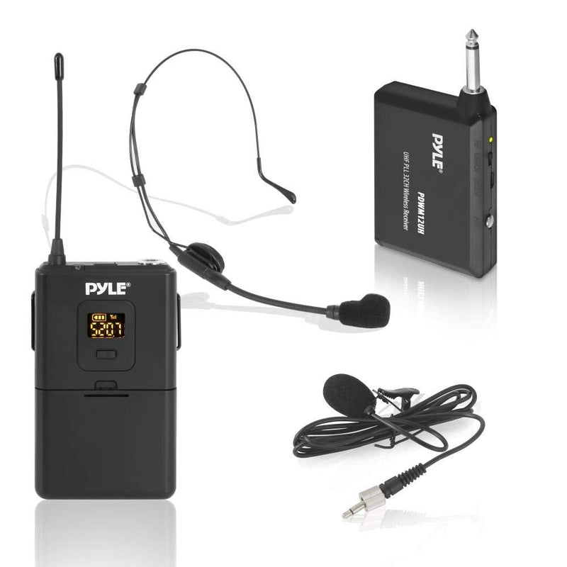 Pyle UHF 32-Channels Wireless Microphone - System Set with Headset & Lavalier Lapel Microphones, Beltpack Transmitter, Clip on Lavalier Mic & Receiver - Perfect for Karaoke & Conference - PDWM12UH