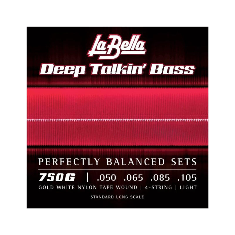 La Bella 750G Deep Talkin Brass Gold White Nylon Tape Wound 4- String Light Standard Long Scale 50-105