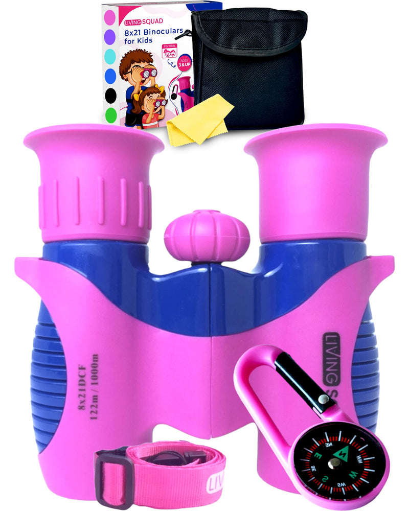 Kids Binoculars 8x21 Pink- Girls Age 3-12, Shock Proof Compact Binoculars for Kids Set- Neck Strap, Compass, Carabiner, Case- High-Resolution Optics Child Gift Toy for Bird Watching, Hiking, Spy Pink/Blue
