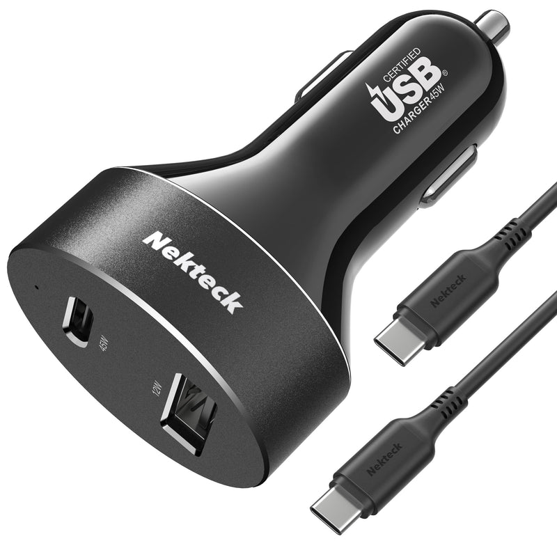 Nekteck 45W 2-Port USB-C Car Charger, PD 3.0 & QC 3.0 Fast Charging | USB-IF Certified for Safe, Stable Charging, Includes 3.3ft Cable, Compatible with MacBook Air/Pro, iPad, and iPhone 16/17