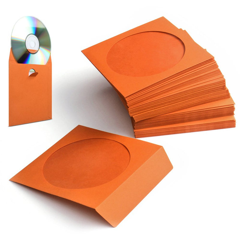 [AUSTRALIA] - Flexzion DVD CD Sleeves 100 Pack - Premium Paper CD Sleeves for Music Movie Video Game Disc - Thick Disc Sleeve CD Envelopes Storage with Window Cutout and Flap, Orange 