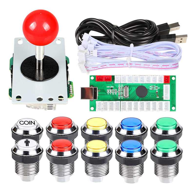 EG STARTS Arcade DIY Kit USB Encoder To PC Joystick + 8 Ways 5 Pin Stick + Chrome Plated LED Illuminated Push Button 1 Player & Coin Buttons For Arcade Mame Raspberry Pi 2 3 3B Games