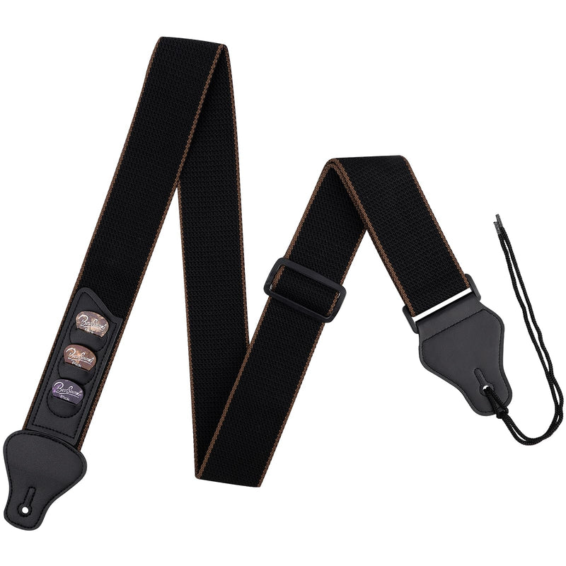 BestSounds Guitar Strap - Strap for Acoustic, Electric and Bass Guitars with Leather Head and Pick Holder Pockets Black