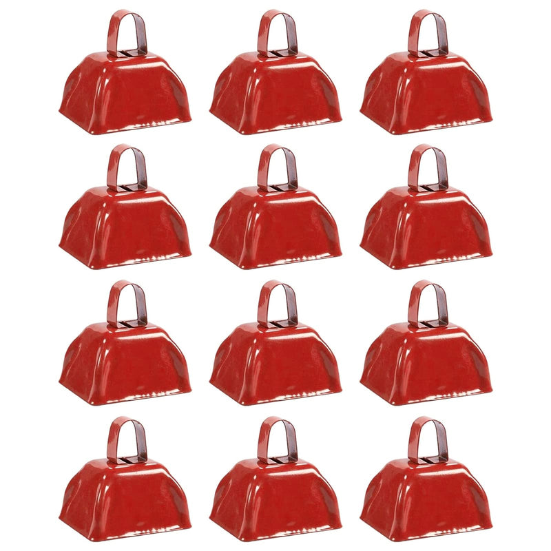 BLUE PANDA Cow Bells for Sporting Events - 3-Inch Red Iron Handheld - Pack of 12 Mini Cowbell Noisemakers - Celebration Cheering Noise Makers