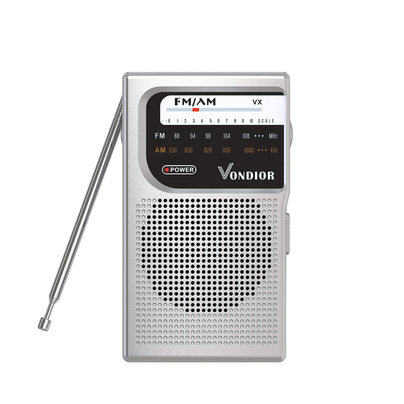 AM FM Battery Operated Portable Pocket Radio - Best Reception and Longest Lasting. AM FM Compact Transistor Radios Player Operated by 2 AA Battery, Mono Headphone Socket, by Vondior (Silver) Silver