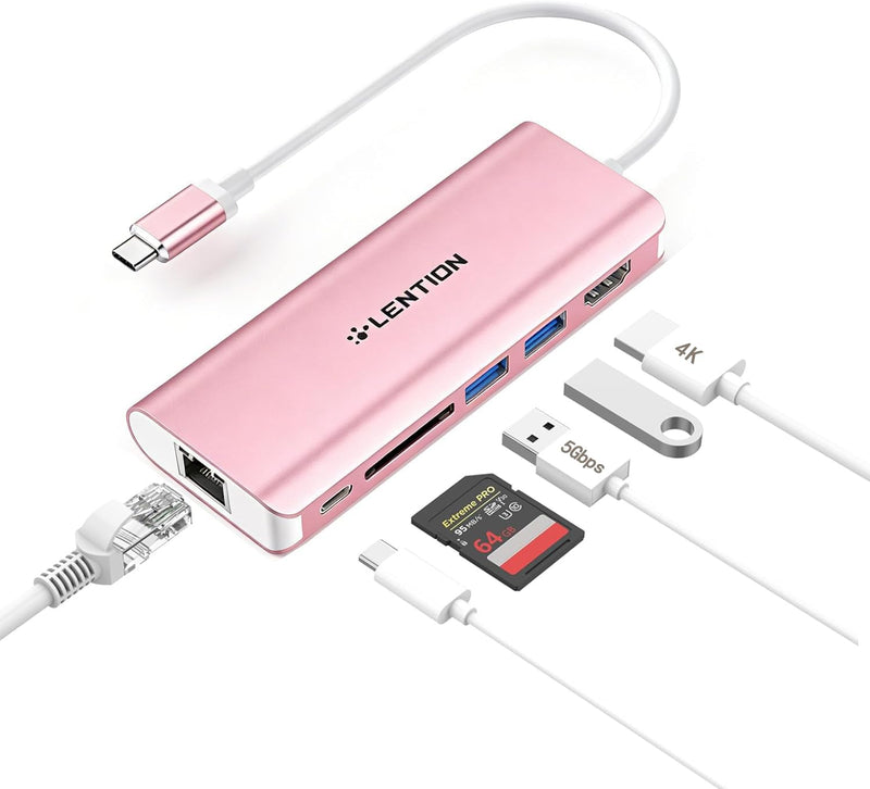 LENTION 6-in-1 USB-C Hub, 2 USB3.0, 4K@30Hz, Ethernet, Card Reader, 100W PD | Ideal for Work & Study, Stable Driver 3.0 Certified, Compatible with macOS, iOS/iPadOS, Windows & ChromeOS (C68, Rose Gold)