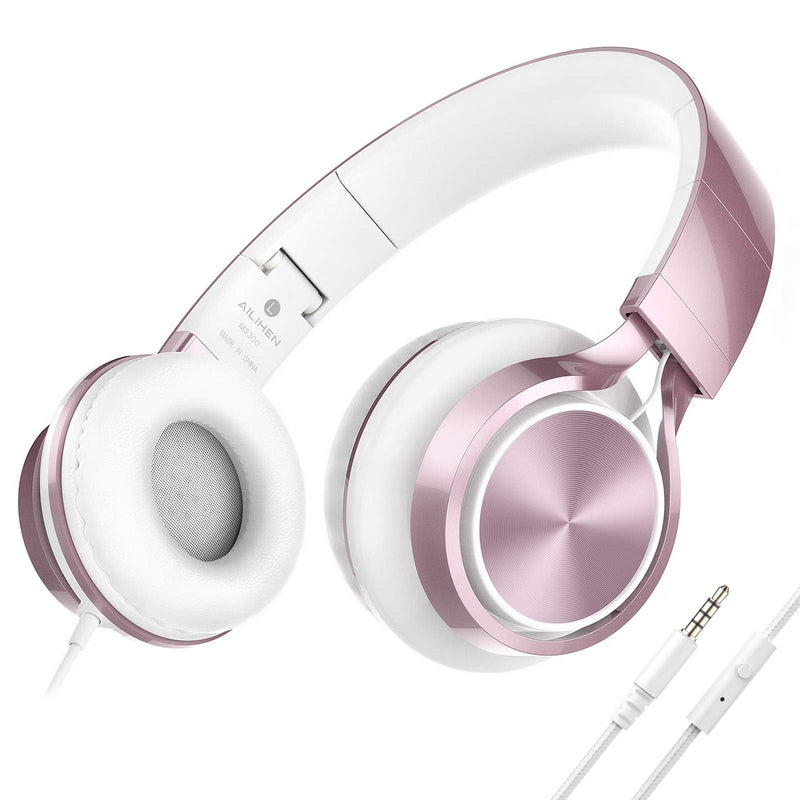 AILIHEN MS300 Girl Headphones for Kids School, Wired On-Ear Headsets with Microphone for Chromebook Laptop Computer, Foldable Adjustable Teen Headphones, Tangle-Free, 3.5mm Jack (Rose Gold) Pink