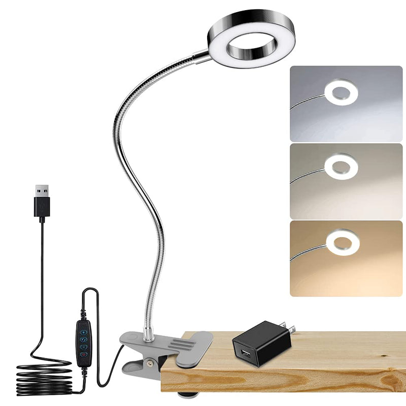 DLLT Dimmable Clip on Reading Light, 48 LED USB Bed Night Lights with 3 Colors, 15 Brightness Level Book Light Flexible Clamp for Makeup Mirror, Desk, Bedside, Headboard, Piano, Computer Light(Silver) Silver
