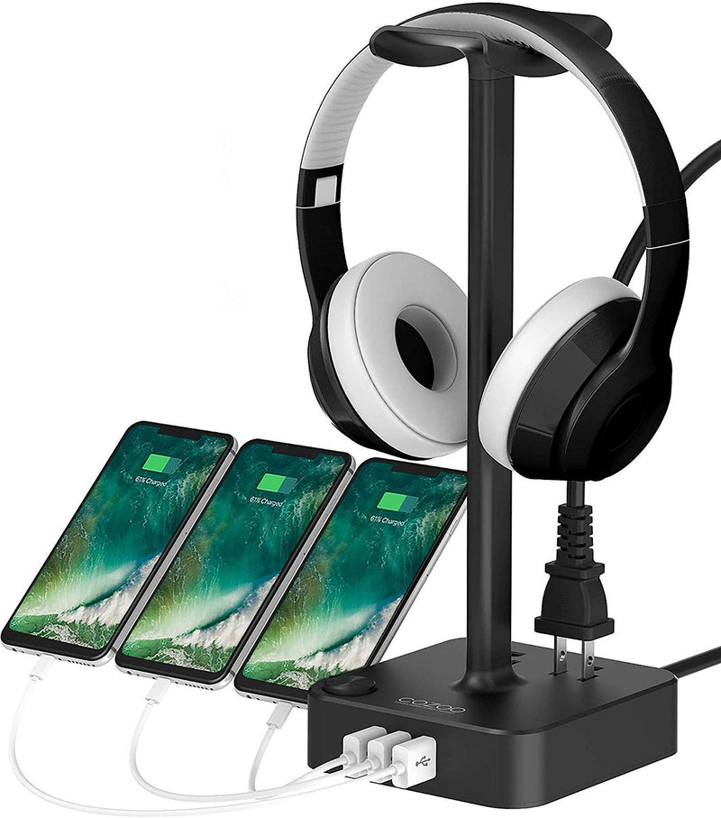 Headphone Stand with USB Charger COZOO Desktop Gaming Headset Holder Hanger with 3 USB Charger and 2 Outlets - Suitable for Gaming, DJ, Wireless Earphone Display (Black) 1.Black