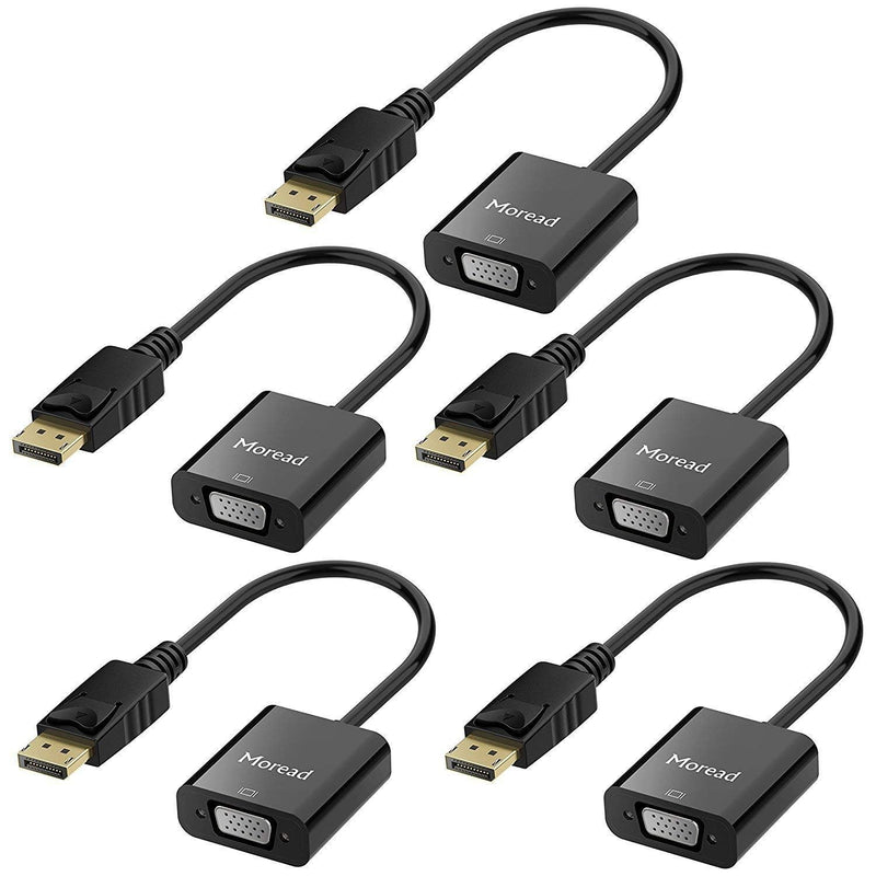 Moread DisplayPort to VGA Adapter, 5 Pack, Male to Female, Black | One-way from Display Port (DP) source (computer, desktop, laptop) to VGA display (monitor, projector, TV)