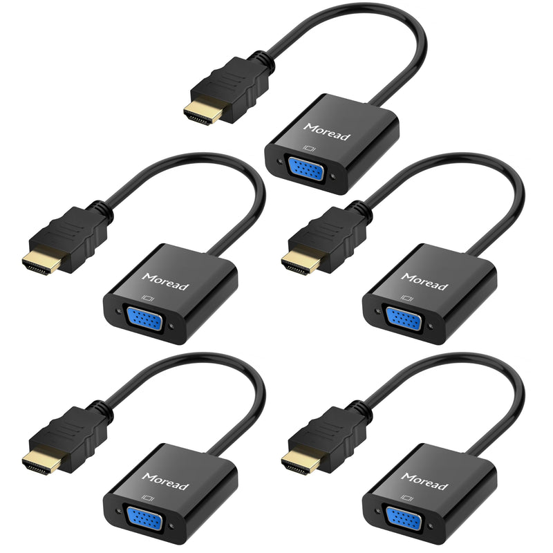 Moread HDMI to VGA Adapter, 5 Pack, Male to Female, Black | One-way from HDMI source (computer, desktop, laptop) to VGA display (monitor, projector, TV); not a VGA to HDMI adapter