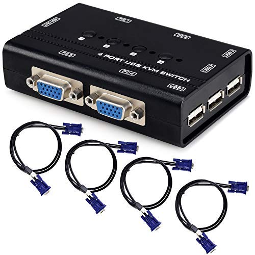 USB VGA KVM Switch with 4 Cables, 4 Port Selector Switcher for 4PC Sharing One Video Monitor and 3 USB Devices, Keyboard, Mouse, Scanner, Printer 4 Port VGA KVM