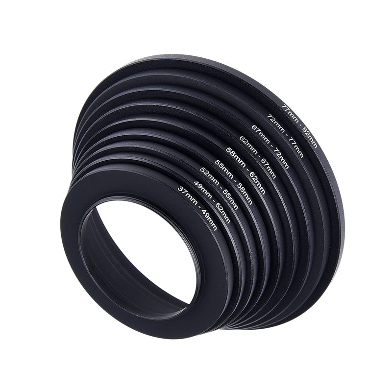 Step Up Lens Filter Adapter Rings - Set of 9 - Allows You to Fit Larger Size Lens Filters on a Lens with a Smaller Diameter - Sizes: 37-49, 49-52, 52-55, 55-58, 58-62, 62-67, 67-72, 72-77, 77-82 mm Step Up Lens Filter Adapter Kit - Set of 9