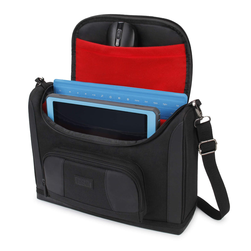 USA Gear Compact Tablet Messenger Bag Compatible with Samsung Galaxy Tab S7 11", Lenovo Tab M10 10.3", Samsung Galaxy Tab S6 Lite 10.4" - Shoulder Strap, Padded Adjustable Interior (Red) Black and Red
